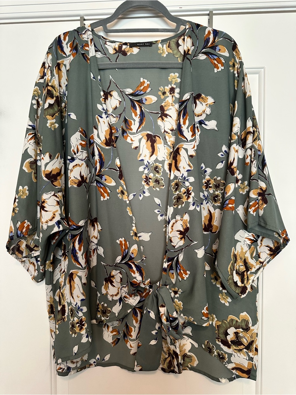 West Kei Olive Green Floral Tie-Front Kimono